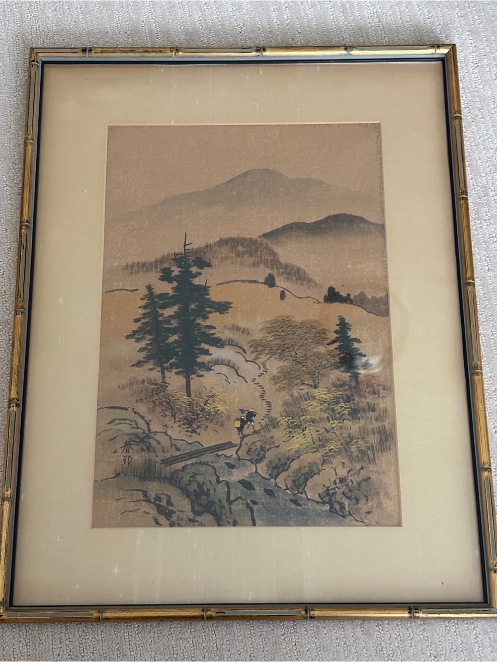 Vintage Japanese Hiking Mountain Landscape Original Painting Trail Asian